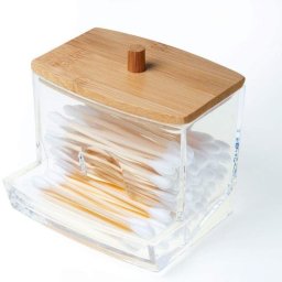 Cutie depozitare pentru betisoare de ureche, din plastic cu capac din lemn bambus, 9 x 7.5 cm