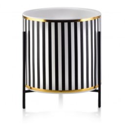 Ghiveci pentru flori Luxury cu suport metalic, 脴 12,5, Inaltime 12 cm, Alb cu Negru, Model cu Dungi Verticale