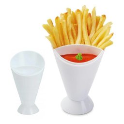 Bol pentru servire 2 in 1, Con pentru servire gustari si suport pentru sosuri, Alb, 16.5 x 10 cm