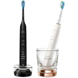 Set 2 periute electrice sonice Philips Sonicare DiamondClean 9000 HX9914/57, functie BrushSync, 4 moduri de periere, 3 nivele de intensitate, senzor de presiune, 2 capete de periere, 2 baze cu rol de incarcare, Negru / Rose gold
