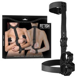Fetish Submissive Bondage Collar & Wrist Cuffs Body Restraint Set Black