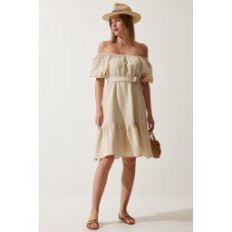 Happiness İstanbul Women's Cream Carmen Collar Belted Summer Muslin Dress