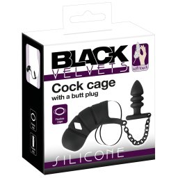 Black Velvets - cușcă pentru penis din silicon cu plug anal - negru