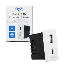 Priza alimentare 2 x USB PNI UB30 USB-A USB-C, 12V/9V/5V, max. 20W, modulara, tip F 1/2, montaj incastrat