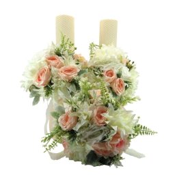 Set 2 lumanari cununie ceara naturala + buchet mireasa, flori de matase piersiciu&alb - ILIF403007