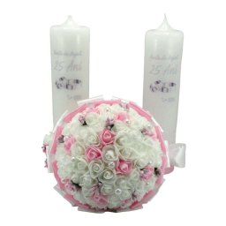 Set Lumanari Nunta de Argint (25 ani) + Buchet Mireasa, alb-roz - ILIF403004