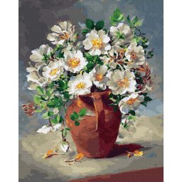 Set pictura pe numere, cu sasiu, Flori albe in ulcior, 40x50 cm