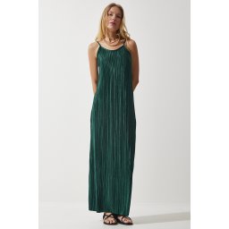 Happiness İstanbul Women's Emerald Green Strappy Summer Pleated Dress