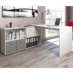 BIA205 - Masa de Birou, office pe colt cu rafturi - Alb
