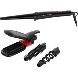 Aparat de coafat Rowenta x Karl Lagerfeld Infinite Looks CF422LF0, 9 accesorii, invelis ceramic, placa 2 in 1 pentru creponat/indreptat, geanta pentru transport, manusa de protectie, 48 W, varf rece, Negru/Rosu