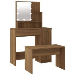 Set de masa de toaleta cu LED, stejar maro, lemn prelucrat GartenMobel Dekor
