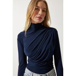 Happiness İstanbul Women's Navy Blue Gathered Detailed High Neck Sandy Blouse