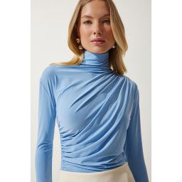 Happiness İstanbul Women's Sky Blue Gathered Detailed High Neck Sandy Blouse