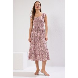 Trendyol Lilac Floral Print Square Collar A-line Viscose Midi Woven Dress