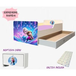 Pat tineret Frozen 140x70 cu saltea 2-8 ani, sertar si noptiera CADOU