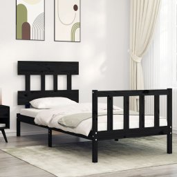Cadru de pat cu tablie Small Single, negru, lemn masiv GartenMobel Dekor