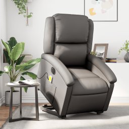 Fotoliu electric masaj rabatabil cu ridicare gri piele natural GartenMobel Dekor