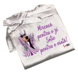 Halat alb satin premium ,,Mireasa pentru o zi, Sotie pentru o viata", Lavanda Mov - ACD403001