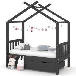 Cadru pat copii cu sertar gri închis 70x140 cm lemn masiv pin GartenMobel Dekor