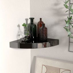 Raft coltar de perete, negru extralucios, 25 x 25 x 3,8 cm, MDF GartenMobel Dekor