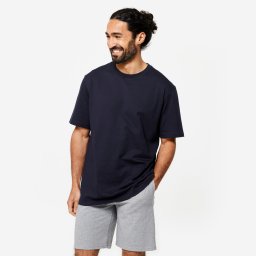 Tricou fitness guler rotund mânecă scurtă, Albastru-Negru Bărbați
