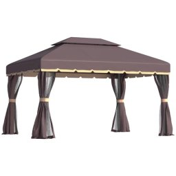 Pavilion/foisor pentru gradina/terasa, cadru aluminiu, cu plasa pentru insecte, cafeniu, 3.90x2.90x2.80 m