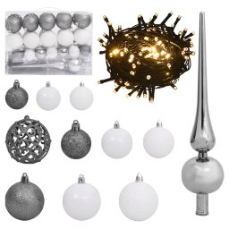 Set globuri Craciun cu varf & 150 LED-uri 61 piese alb & gri GartenMobel Dekor