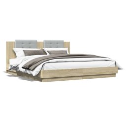Cadru de pat cu tablie si lumini LED, stejar sonoma, 200x200 cm GartenMobel Dekor