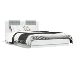 Cadru de pat cu tablie si lumini LED, alb, 150x200 cm GartenMobel Dekor
