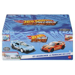 HOT WHEELS SET 2 MASINUTE METALICE PULL BACK GT-SCORCHER SI PORSCHE 911 GT3 1:43 SuperHeroes ToysZone