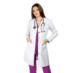 Halat medical alb Rainbow, dama, cu guler cu rever, nasturi colorati si doua buzunare si maneca lunga