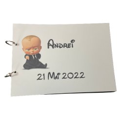 Album de amintiri, guestbook personalizat pentru botez, coperta si foi din carton, pagini negre, 30 de pagini, A4, model Baby Boss