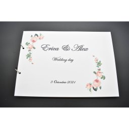 Album de amintiri, guestbook personalizat pentru nunta, coperta si foi din carton, pagini negre, 30 de pagini, A4, model Trandafiri Roz