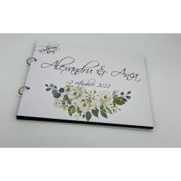 Album de amintiri, guestbook personalizat pentru nunta, coperta si foi din carton, pagini negre, 20 de pagini, A4, model Trandafiri albi