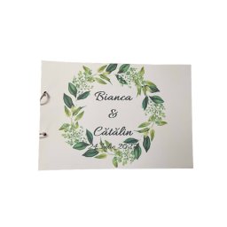 Album de amintiri, guestbook personalizat pentru nunta, coperta si foi din carton, pagini negre, 20 de pagini, A4, model Frunze verzi