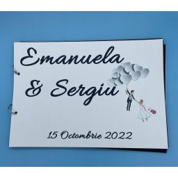 Album de amintiri, guestbook personalizat pentru nunta, coperta si foi din carton, pagini negre, 30 de pagini, A4, model Baloane cu inimi