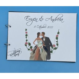 Album de amintiri, guestbook personalizat pentru nunta, coperta si foi din carton, pagini negre, 20 de pagini, A4, model Leagan din flori