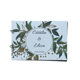 Album de amintiri, guestbook personalizat pentru nunta, coperta si foi din carton, pagini negre, 30 de pagini, A4, model Frunze verzi-aurii