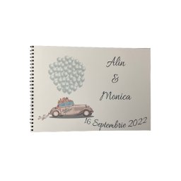 Album de amintiri, guestbook personalizat pentru nunta, coperta si foi din carton, pagini negre, 30 de pagini, A4, model masina cu baloane