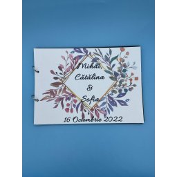Album de amintiri, guestbook personalizat pentru nunta, coperta si foi din carton, pagini negre, 30 de pagini, A4, model Frunze multicolore