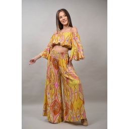 COMPLEU PANTALON CU TOP CROP CU FLORI ROBERTA Galben L-XL