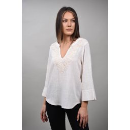 BLUZA TIP TUNICA CU DECOLTEU V KALEIDARE Alb M-L