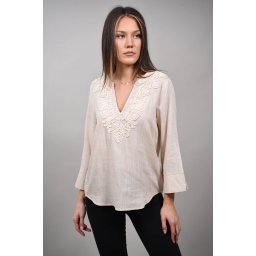 BLUZA TIP TUNICA CU DECOLTEU V KALEIDARE Bej S-M