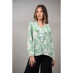 BLUZA CU VOLANE CU IMPRIMEU FLORI ETEREO TALIE UNICA Verde