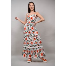 ROCHIE BOHO CHIC LUNGA FLORALA CU BRETELE SUBTIRI BEINETTE Alb S-M