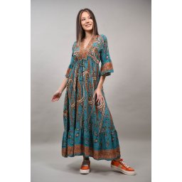 ROCHIE LUNGA BOHO CHIC CU DECOLTEU V CU MOTIVE LUMINELLO Turcoaz L-XL