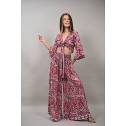 COMPLEU PANTALON CU CAMASA CROP MULTICOLORA ETERANO Rosu S-M