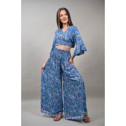 COMPLEU PANTALON CU CAMASA CROP MULTICOLORA ETERANO Albastru S-M