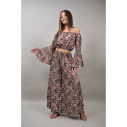 COMPLEU PANTALONI SI TOP CROP CU MANECA LUNGA VERONICA Roz L-XL