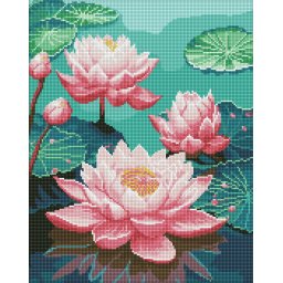 Set goblen cu diamante AB, cu sasiu, Nuferi roz, 40x50 cm